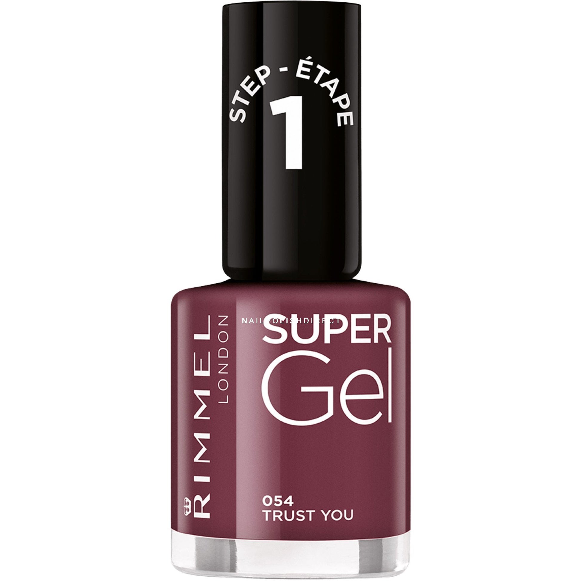 Rimmel Super Gel nail polish bottle with maroon color on a white background