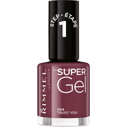Rimmel Super Gel nail polish bottle with maroon color on a white background
