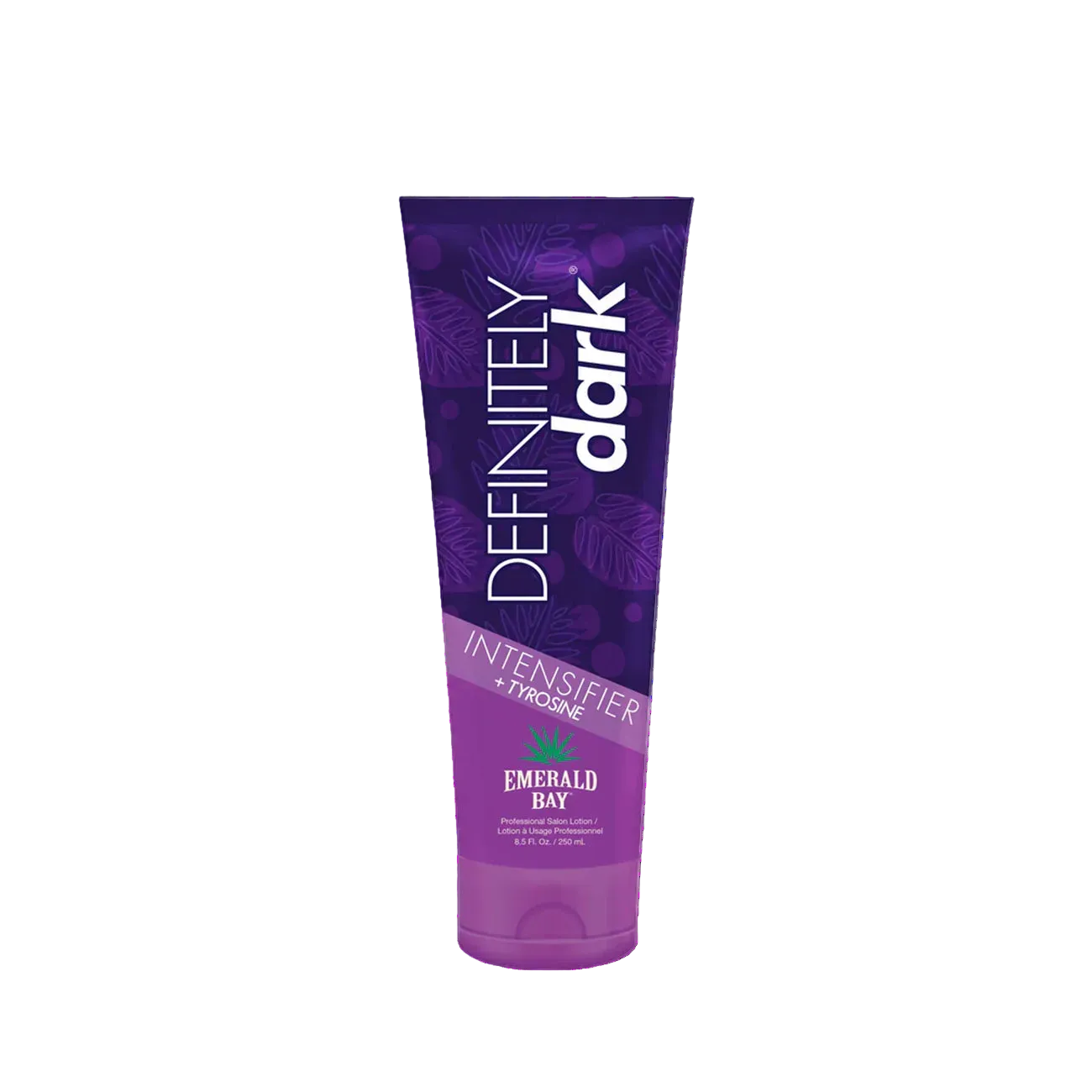 Purple tube of 'Emerald Bay Definitely Dark' intensifier with leaf design on a white background