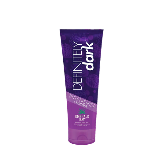 Purple tube of 'Emerald Bay Definitely Dark' intensifier with leaf design on a white background