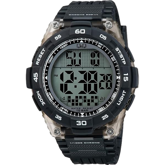 Men’s Q&Q Digital Sports Watch – 100M Waterproof, Black & Transparent, Timer, Alarm & More – 1-Year Warranty