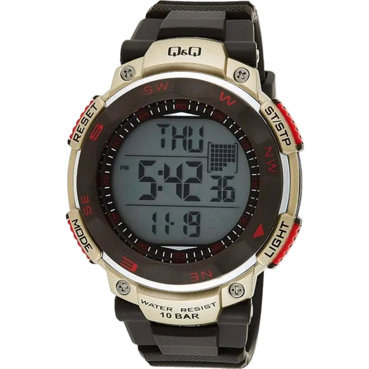 Men’s Q&Q Digital Sports Watch – 100M Waterproof, Black & Beige, Timer, Alarm & More – 1-Year Warranty