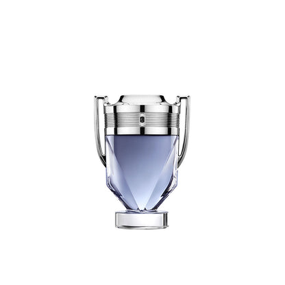 Invictus by Paco Rabanne Perfume bottle with blue liquid and silver cap on a white background
