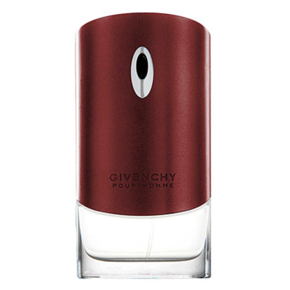 Red Givenchy pour Homme perfume bottle on a white background