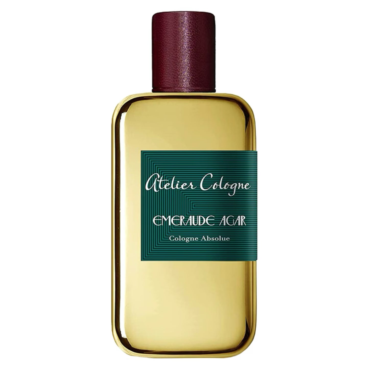 Perfume bottle with gold body and green label on a white background