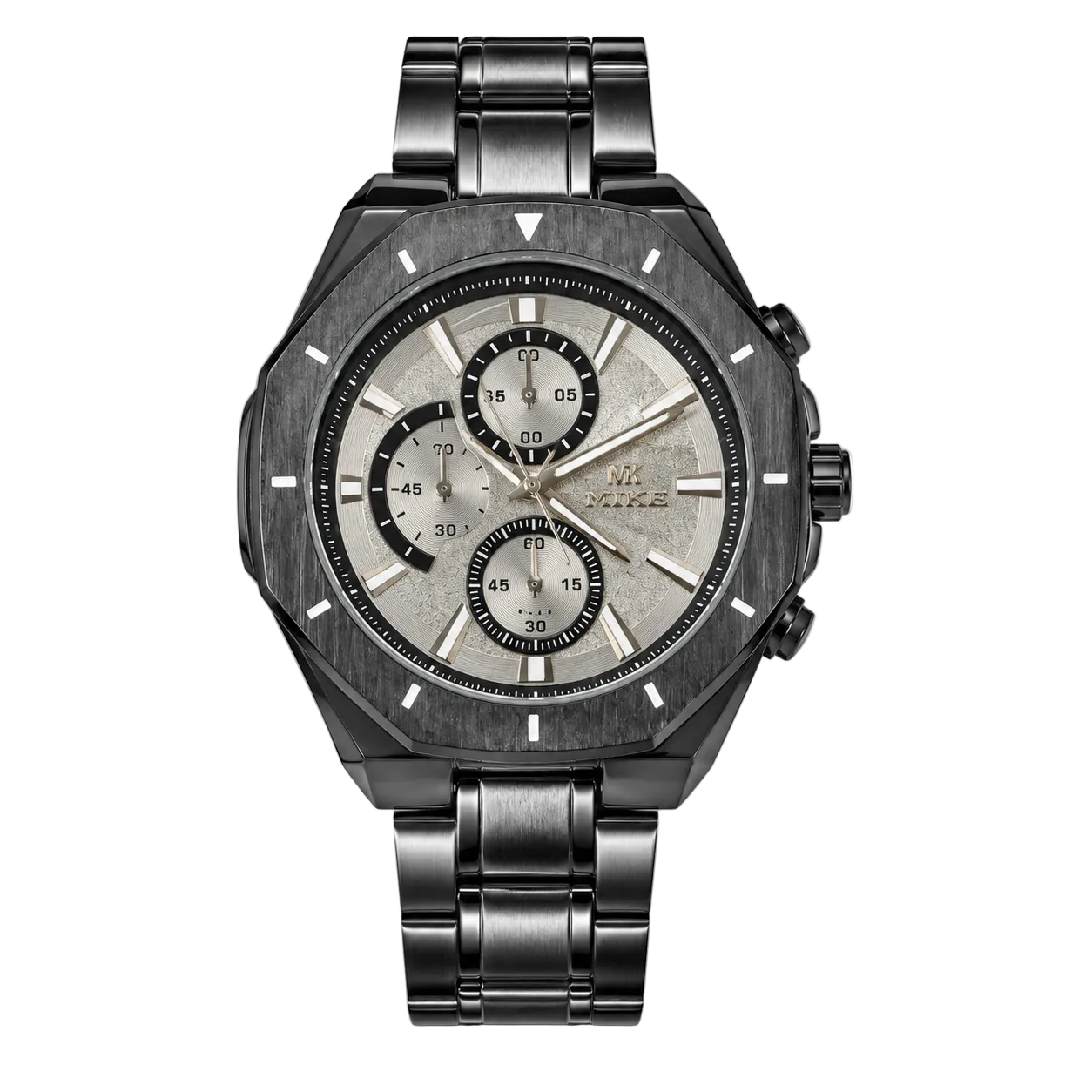 Black and silver watch with detailed face on a white background