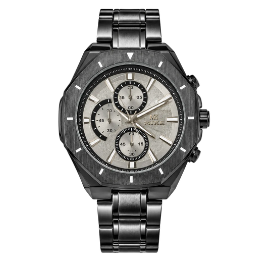 Black and silver watch with detailed face on a white background