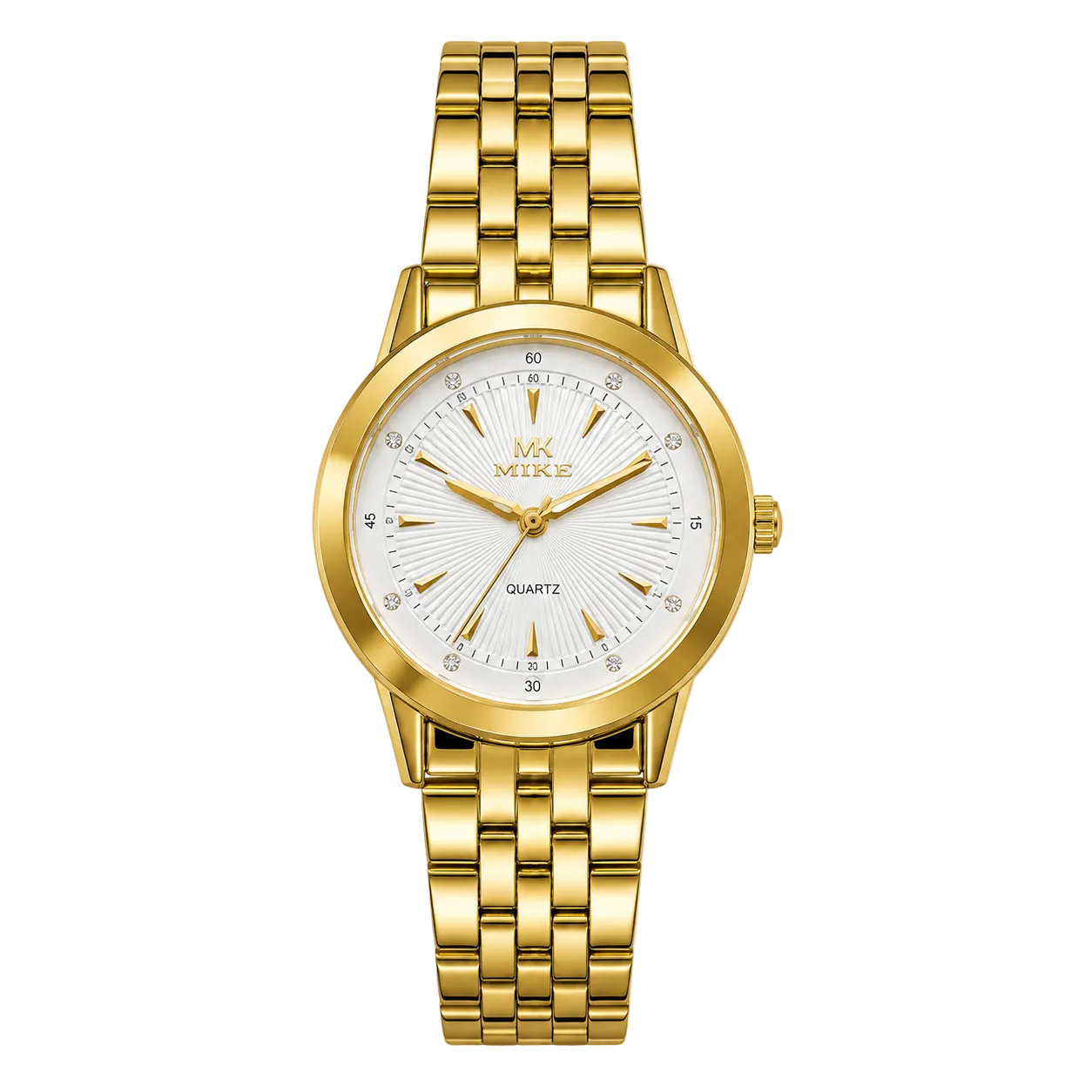 Gold wristwatch with a white dial on a white background