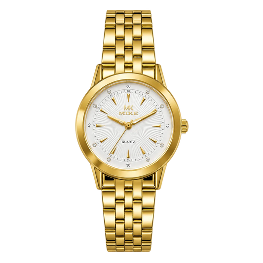Gold wristwatch with a white dial on a white background