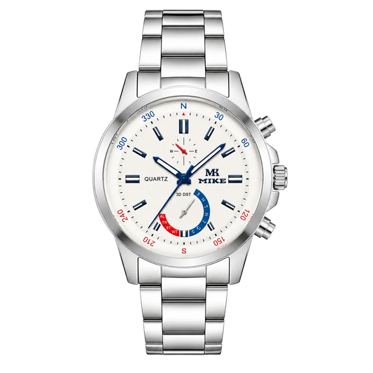 Silver wristwatch with a white dial on a white background