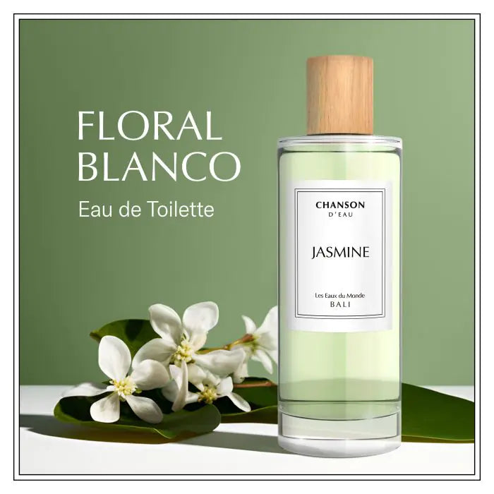 Perfume bottle labeled 'Jasmine' with white flowers on a green background