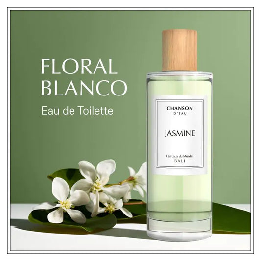 Perfume bottle labeled 'Jasmine' with white flowers on a green background