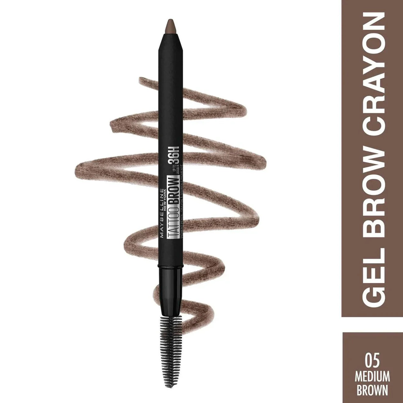 Maybelline Tattoo Brow Gel Crayon with brown color swatch on a white background