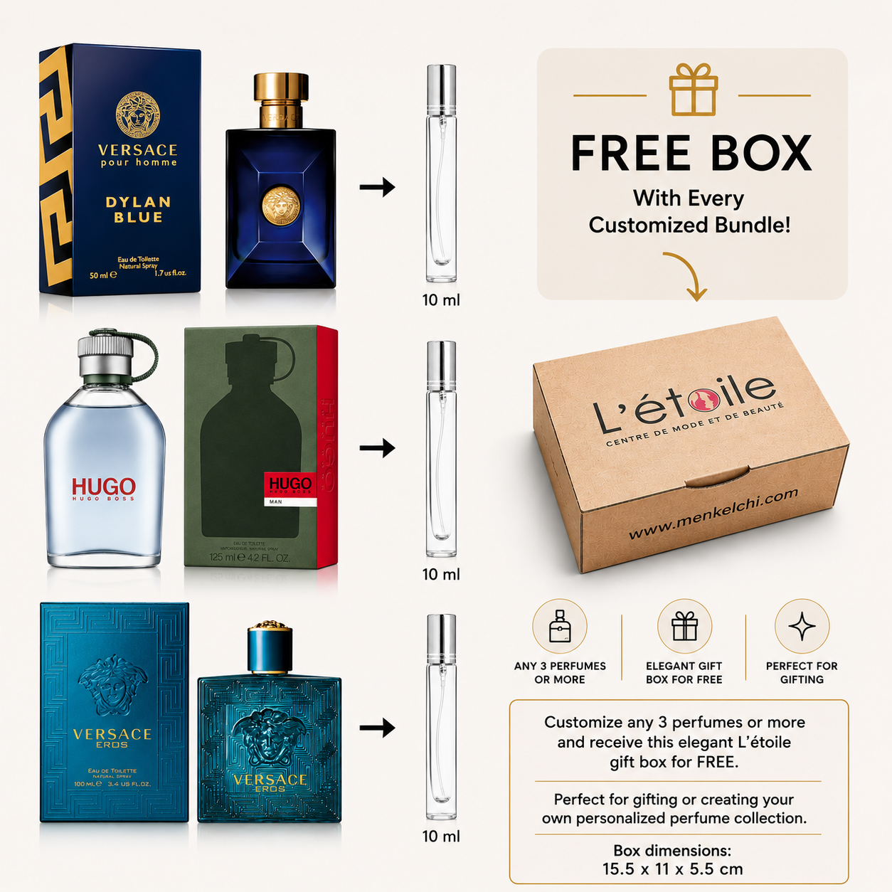 Collection of men's perfumes and a free box offer from Létoile on a white background.
