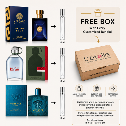 Collection of men's perfumes and a free box offer from Létoile on a white background.