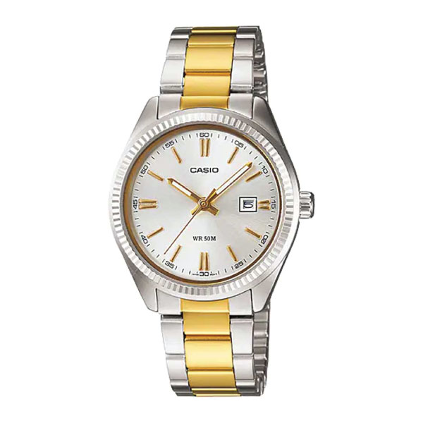 A Casio two-tone stainless steel and gold watch with a silver-tone fluted bezel, white dial, gold hour markers and hands, and a matching two-tone metal link bracelet.