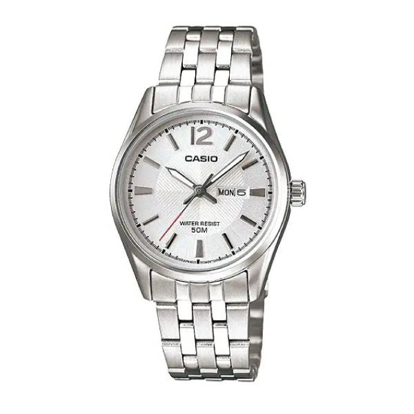 Casio stainless steel analog watch with a silver-tone metal link bracelet, silver bezel, and a white textured dial featuring a day and date window.