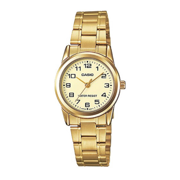 Casio women's analog watch with a gold-tone metal link bracelet, gold-tone case, and a cream-colored dial with black numerals.