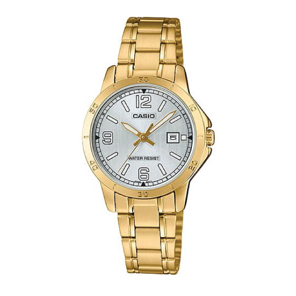Gold Casio watch for women on a white background