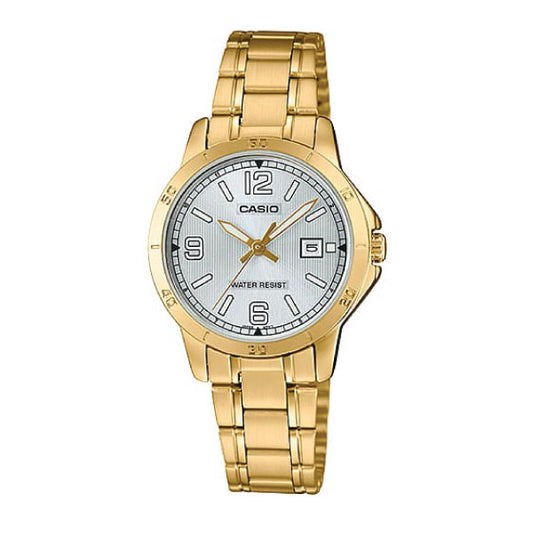 Gold Casio watch for women on a white background