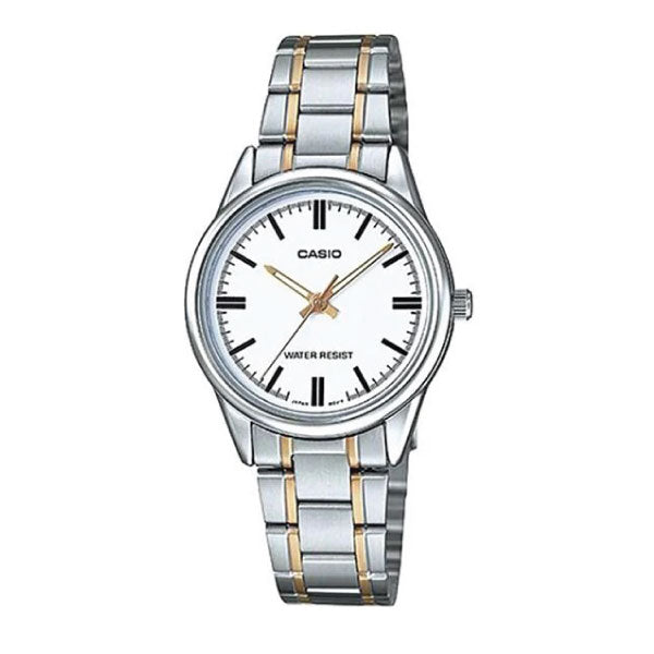 A Casio analog watch for women with a silver stainless steel two-tone link bracelet, a white dial, and gold-tone hands.