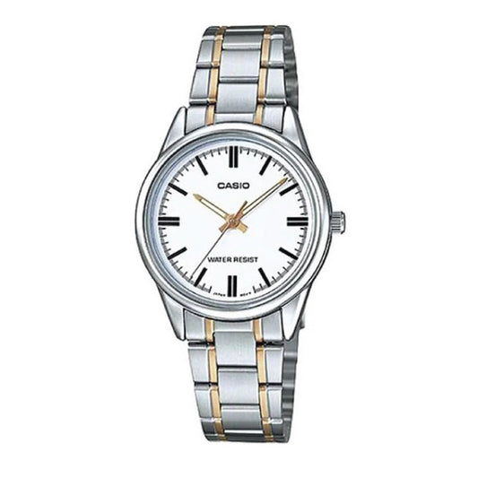 A Casio analog watch for women with a silver stainless steel two-tone link bracelet, a white dial, and gold-tone hands.