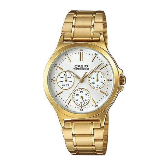 A Casio Water Resist wrist watch for women with a gold-tone metal link bracelet, gold-tone case, and a white dial with three sub-dials.