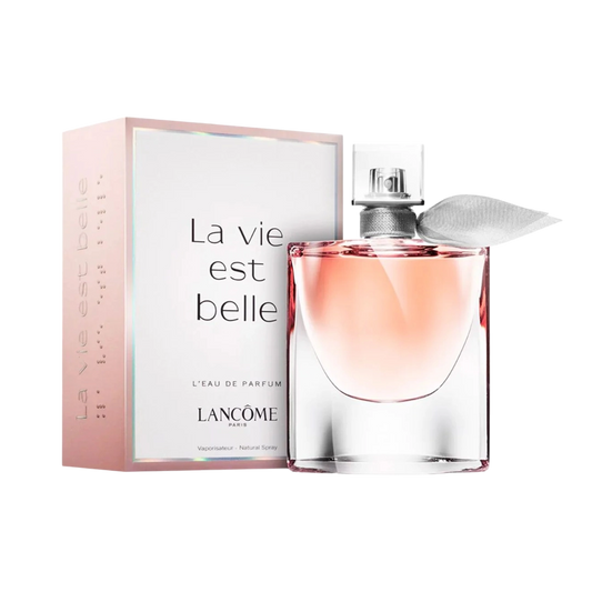A bottle of Lancome La Vie Est Belle Eau De Parfum with its packaging box. The bottle is transparent with a pink liquid inside and the box has 'La vie est belle' written on it.