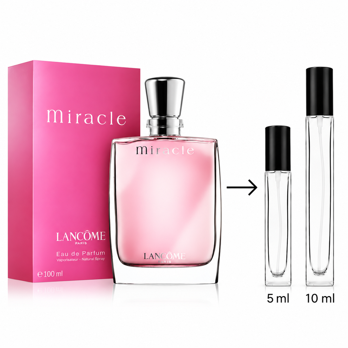 Lancôme Miracle Eau de Parfum shown with its pink box, a large perfume bottle, and two travel atomizer vials labeled 5 ml and 10 ml on a white background.