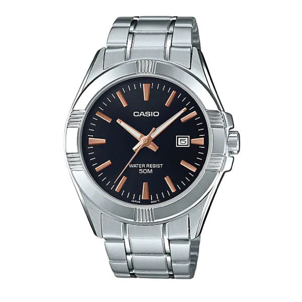 Casio watch with silver metal strap and black dial on a white background