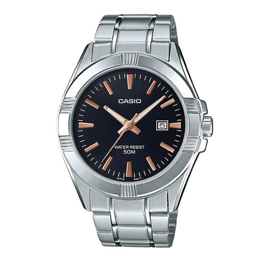 Casio watch with silver metal strap and black dial on a white background