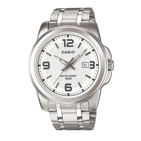 A Casio analog watch with a silver stainless steel case and link bracelet, featuring a white dial with black Arabic numerals and hands.