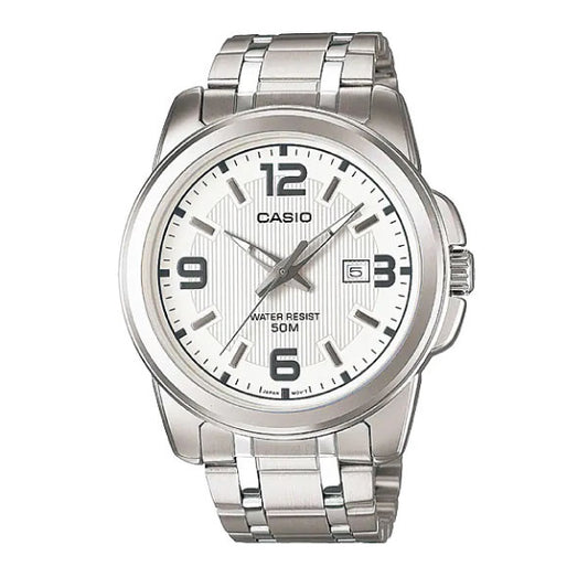 A Casio analog watch with a silver stainless steel case and link bracelet, featuring a white dial with black Arabic numerals and hands.