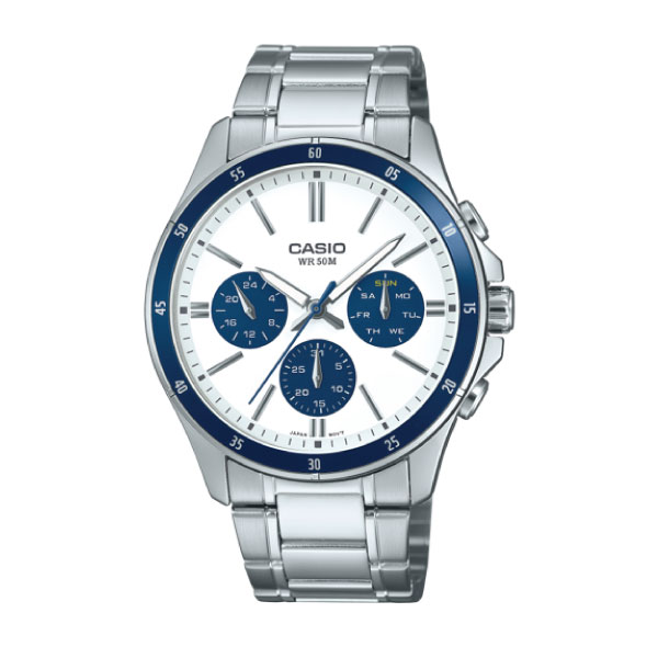 Casio watch with silver strap and blue accents on a white background