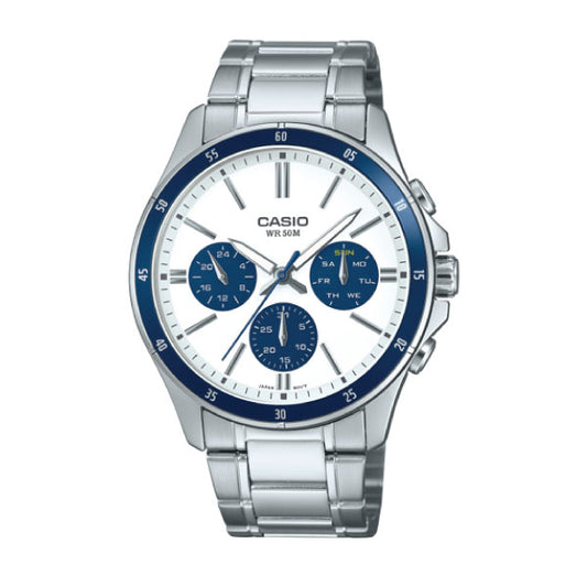Casio watch with silver strap and blue accents on a white background