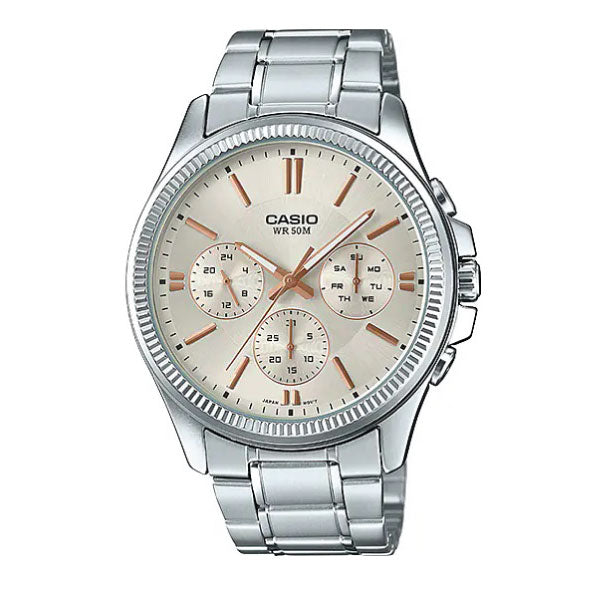 A Casio MTP-1375D-7A2VDF stainless steel watch with a silver-tone metal link bracelet, a cream-colored dial, and rose gold-tone hands and markers.