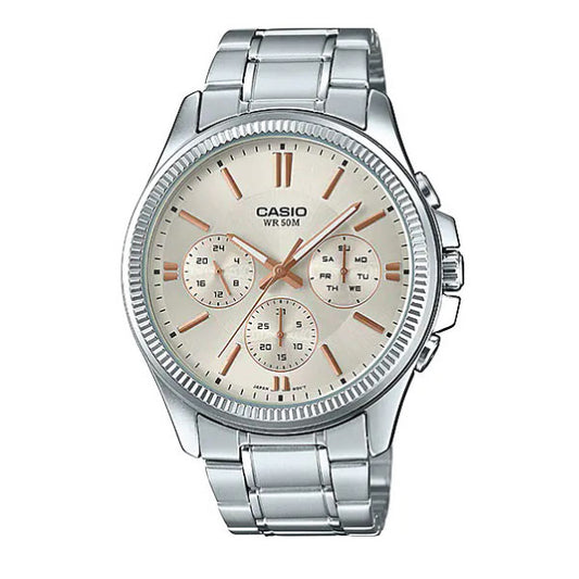 A Casio MTP-1375D-7A2VDF stainless steel watch with a silver-tone metal link bracelet, a cream-colored dial, and rose gold-tone hands and markers.
