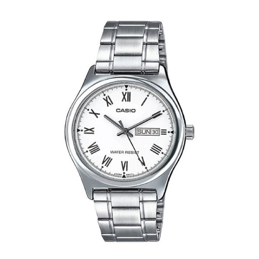 A Casio analog wristwatch with a silver stainless steel link bracelet, a silver round case, and a white dial featuring black Roman numerals and a day-date window.