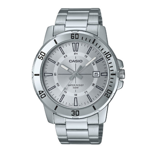 A Casio stainless steel analog watch with a silver-toned metal link bracelet, a silver dial, and a black bezel with minute markers.