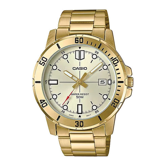Casio gold-tone stainless steel watch with a cream-colored dial, black bezel markings, and a red second hand on a white background.