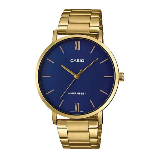 A Casio men's analog watch with a gold-tone stainless steel case and link bracelet, featuring a deep blue dial with gold-tone hands, markers, and brand lettering.