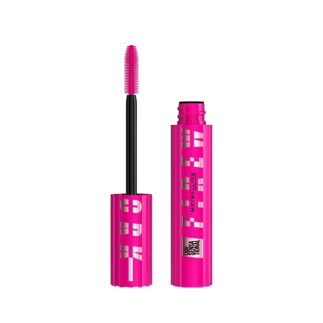A tube of Maybelline Lash Sensational Firework Mascara with a pink cap and an applicator brush, against a white background. Buy Online in Lebanon at Menkelchi
