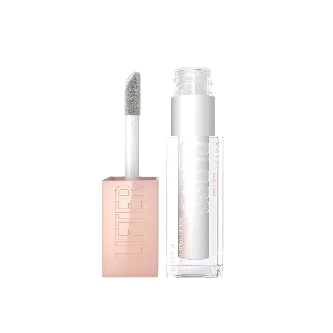 Tube of Maybelline Lifter Lip Gloss in shades of pearl, with the brand name visible on the packaging. The lip glosses are displayed with a glossy, shimmering finish.