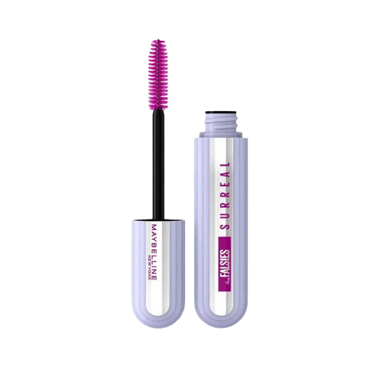 Maybelline The Falsies Surreal Extensions Mascara with a pink brush, open tube showing the fiber-enhanced formula. Buy Online in Lebanon at Menkelchi