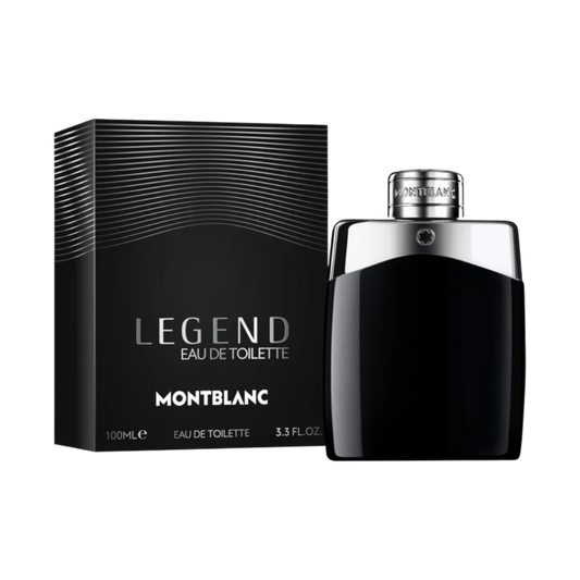 Mont Blanc Legend Eau De Toilette Pour Homme - a black bottle with a silver cap, next to its packaging box with the name ' Legend ' written on it.