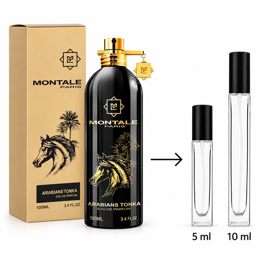 Montale Paris Arabians Tonka Eau de Parfum bottle in black with gold detailing, shown next to its gold box and two empty clear rollerball bottles labeled 5 ml and 10 ml on a white background.