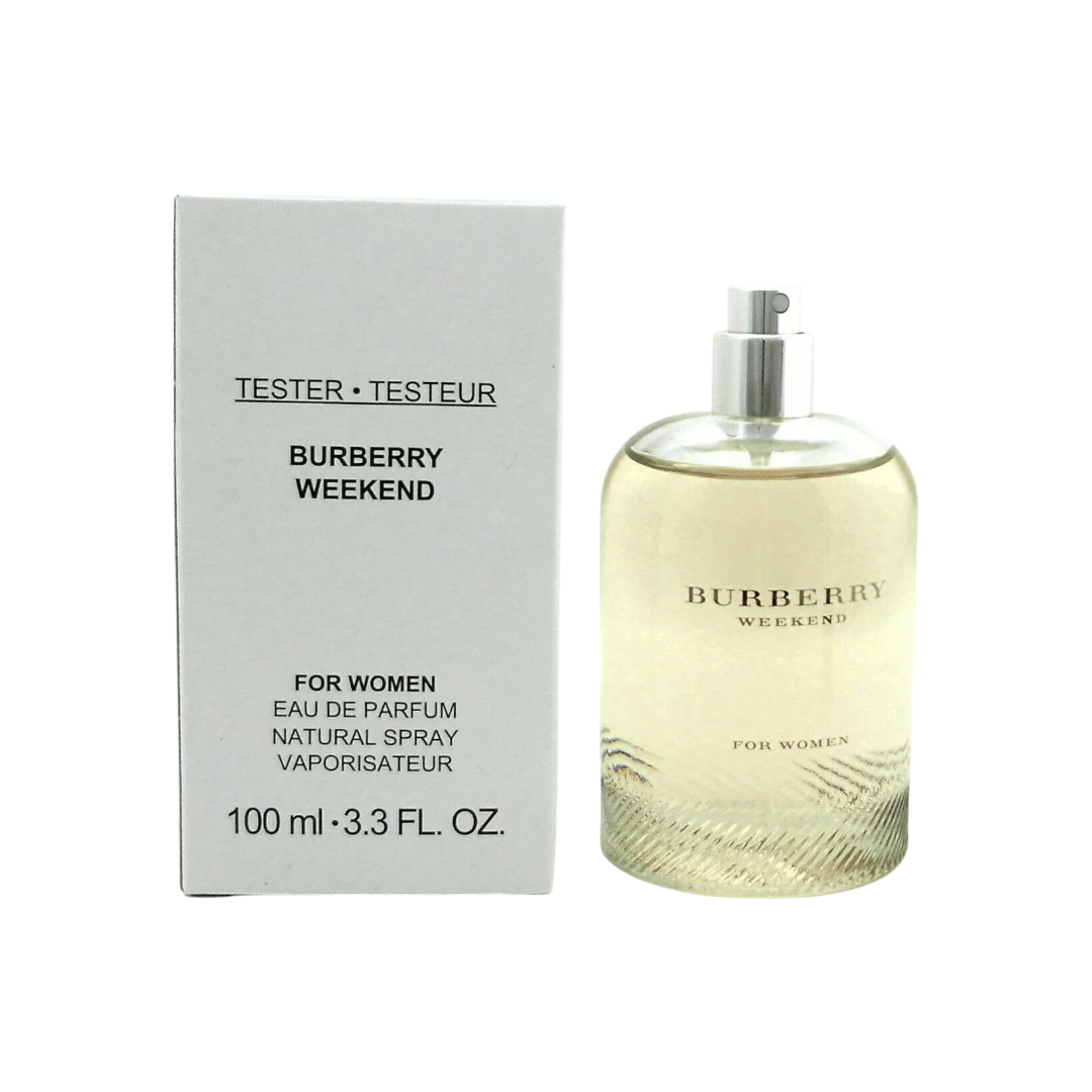 A Tester bottle of Burberry Weekend Eau De Parfum for women, with a box packaging indicating it is a 100ml fragrance spray.