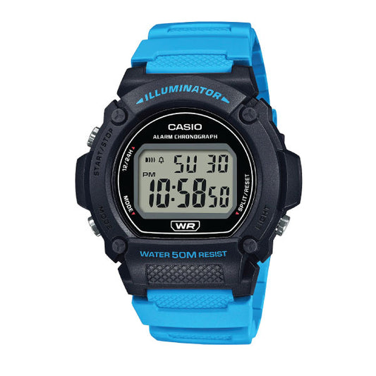 A Casio digital wrist watch with a bright blue strap and a black case, featuring a digital LCD display and blue text accents on the bezel.