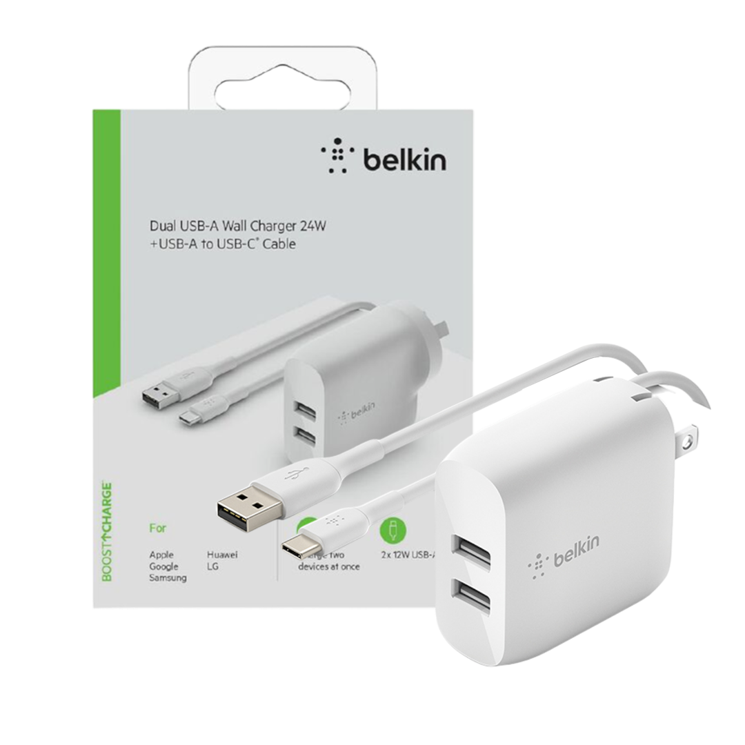 Belkin Dual USB-A Wall Charger + USB-A to USB-C Cable 24W