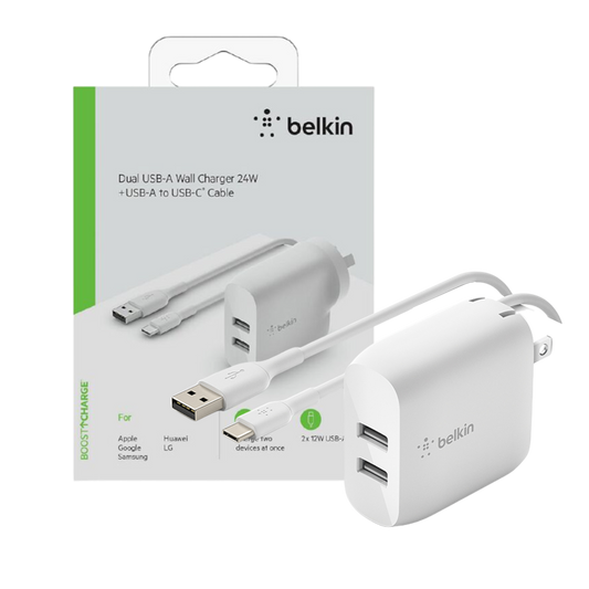 Belkin Dual USB-A Wall Charger + USB-A to USB-C Cable 24W